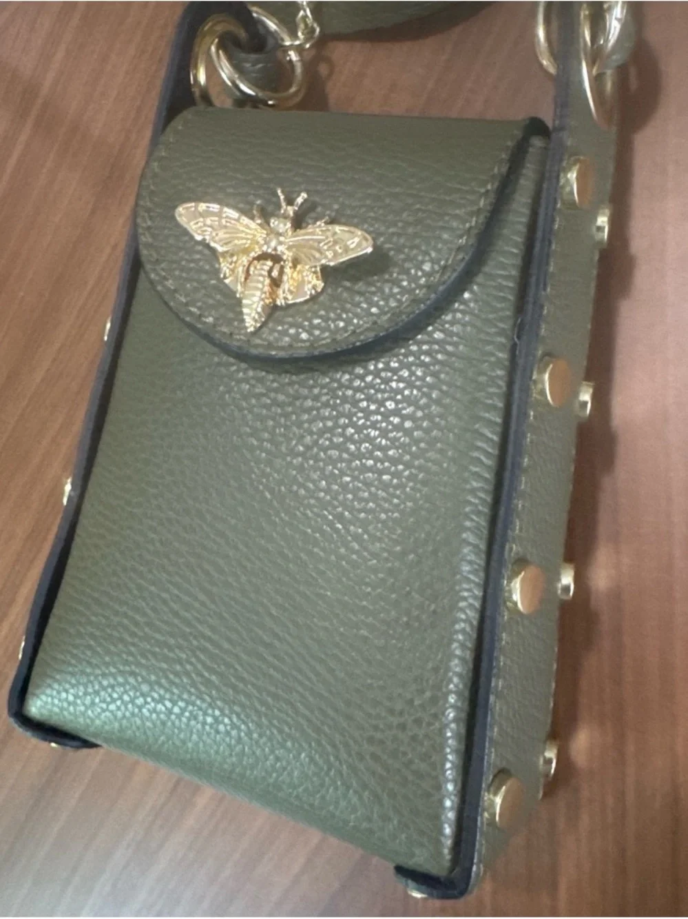 Olive Green Bee-Embellished Leather Crossbody Phone Bag